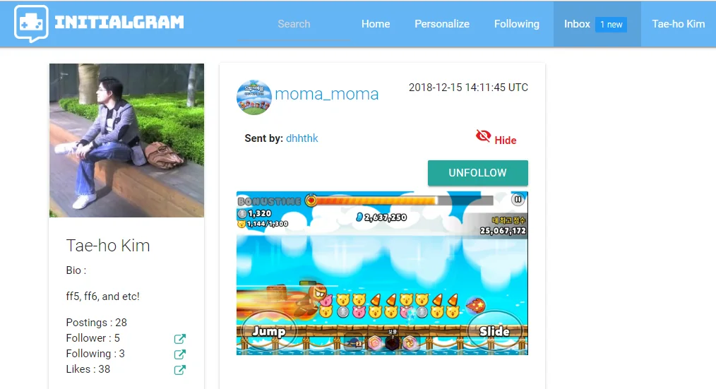 Initialgram activity feed