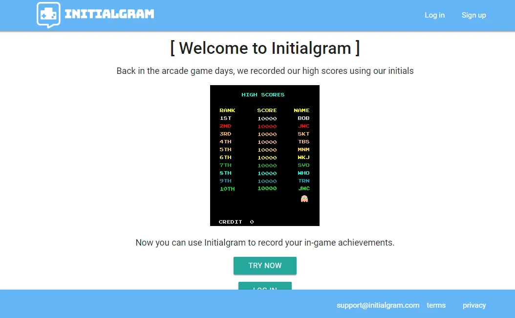 Initialgram welcome screen